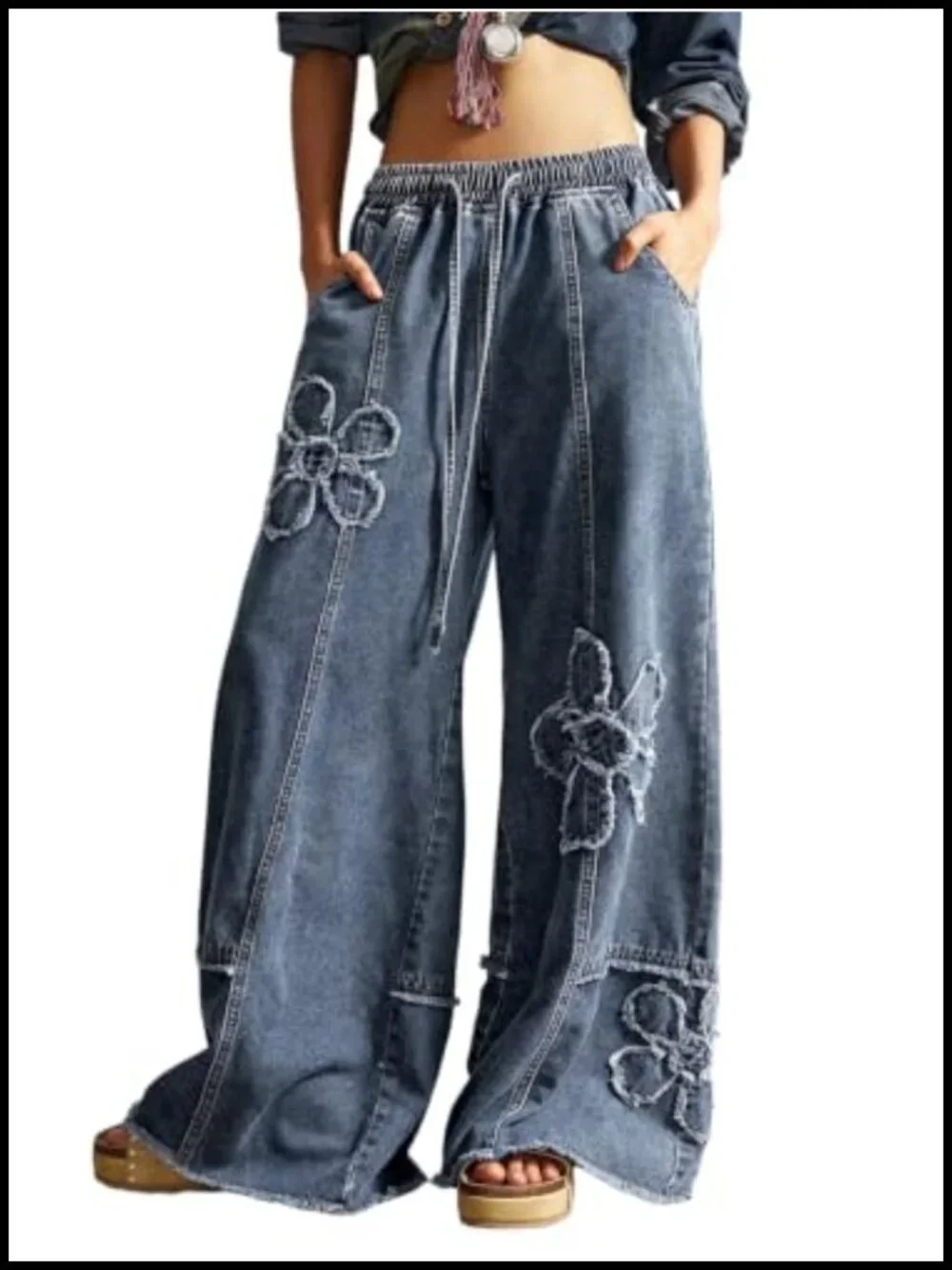 Y2K Floral Baggy Wide Leg Jeans Low Rise Drawstring Elastic Waist Denim Pants